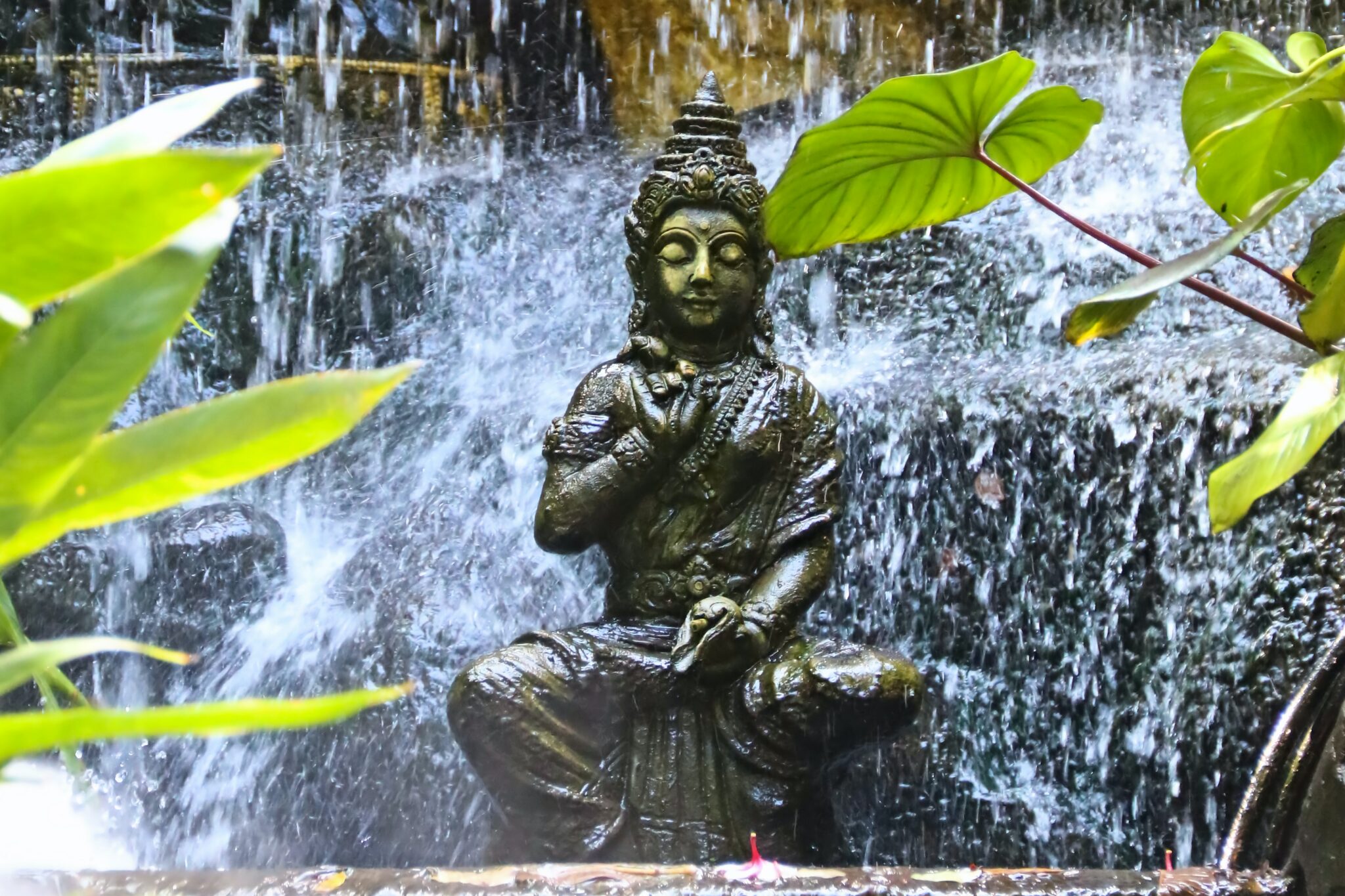 a statue of a person holding a leaf in a fountain